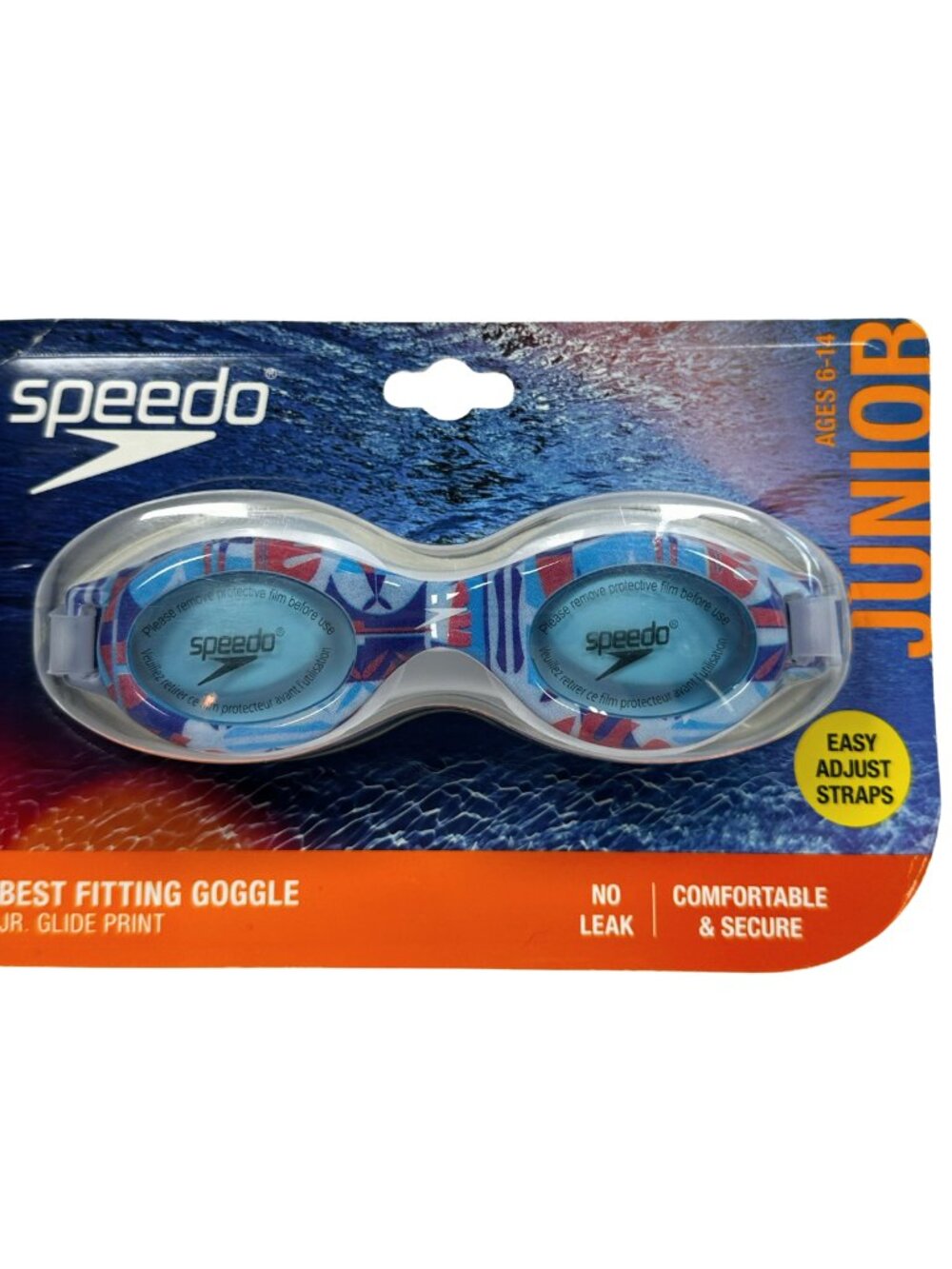 Speedo Junior Glide Print Swim Goggles White/Blue Anti-Fog Ages 6-14, Brand New